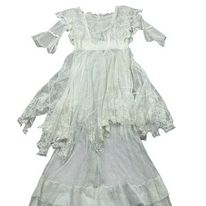 Antique Eduardian semi sheer net ivory lace layered ruffle dress XS Rare!